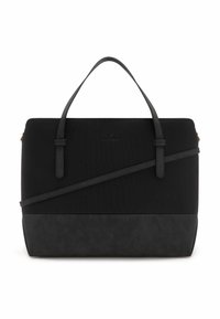 Sac à main noir avec doubles poignées, bandoulière réglable, tissu texturé et une base noire lisse. Présente un logo discret sur le devant.