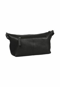 Borsa a spalla in pelle nera con texture a granuli, tasca frontale con zip orizzontale e tracolla regolabile con fibbie in metallo.
