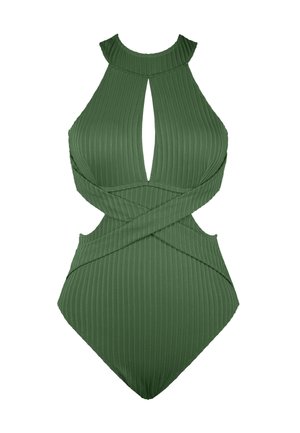 Olive green one-piece swimsuit with ribbed texture, high neckline, keyhole cutout, and cross-back straps. Features side cutouts for design.