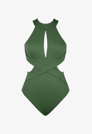Olive green one-piece swimsuit with ribbed texture, high neckline, keyhole cutout, and cross-back straps. Features side cutouts for design.