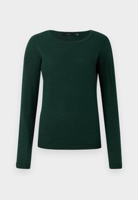Pull tricoté vert foncé à manches longues avec un motif texturé subtil et un col rond, présenté sur un fond uni.