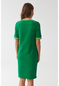Roheline seelik dress, millel on lühikesed varrukad. Varukaotadel on kollased ja rohelised triibud. Pehme, sile tekstuur ja põlvepikkus.