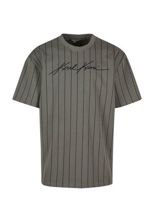 Grey striped t-shirt in cotton blend fabric with short sleeves, featuring a black signature print across the chest. Rounded neckline.