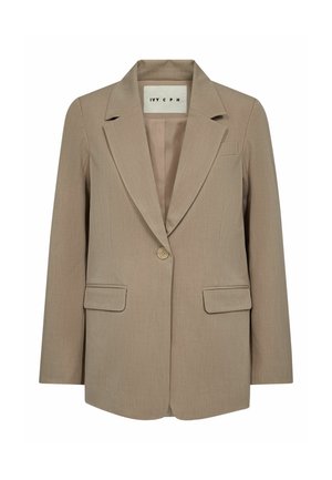 Beiger Damenblazer mit einem Knopf, Reverskragen mit Kerbe, zwei Pattentaschen und einem Etikett im Kragen mit der Aufschrift "IVY CPH."