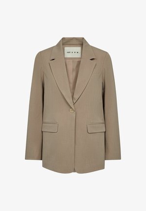 Blazer beige da donna con un solo bottone, rever a lancia, due tasche con pattina e un'etichetta all'interno del colletto con la scritta "IVY CPH."