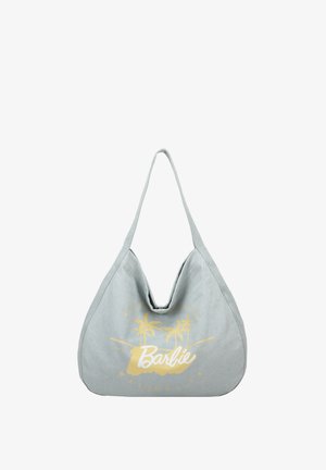 Helle graue Tasche mit einer weichen, geschwungenen Form. Verfügt über ein goldenes "Barbie"-Logo und eine Palme Grafik. Hergestellt aus strukturiertem Stoff, mit einem einzelnen Schulterriemen.