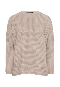 Beige grovstickad tröja med långa ärmar och rund halsringning, med ett texturerat våffelmönster.