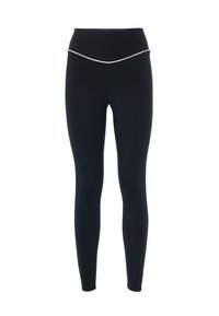 Leggings neri realizzati in tessuto elasticizzato con vita alta, caratterizzati da una linea accentuata curva bianca lungo il bordo della vita e cuciture piatte.