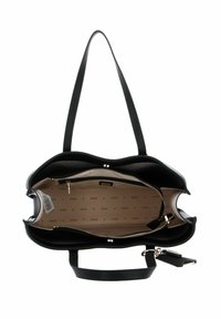 Borsa nera con due manici superiori, chiusura con zip, esterno texture e interno beige con motivo ripetuto del logo del marchio.