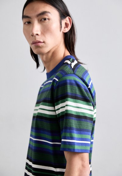 T-shirt à manches courtes et col rond en coton avec des rayures horizontales vertes, bleues, noires et blanches. Présente des motifs texturés et une coupe décontractée.