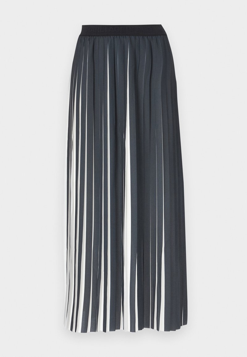 Falda maxi plisada en gris oscuro con franjas blancas alternas. Cintura elástica para mayor comodidad. Tejido ligero con una textura suave.