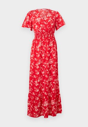 Robe midi rouge à imprimé floral blanc, manches courtes volantées, taille froncée, encolure en V et ourlet à volants.