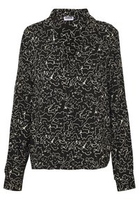 Camicia nera con bottoni, realizzata in tessuto morbido, caratterizzata da un motivo astratto a linee bianche, maniche lunghe e colletto.