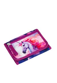 Portafoglio viola con un design di unicorno con criniera rosa e viola su uno sfondo cosmico. Chiusura a zip e tessuto testurizzato.
