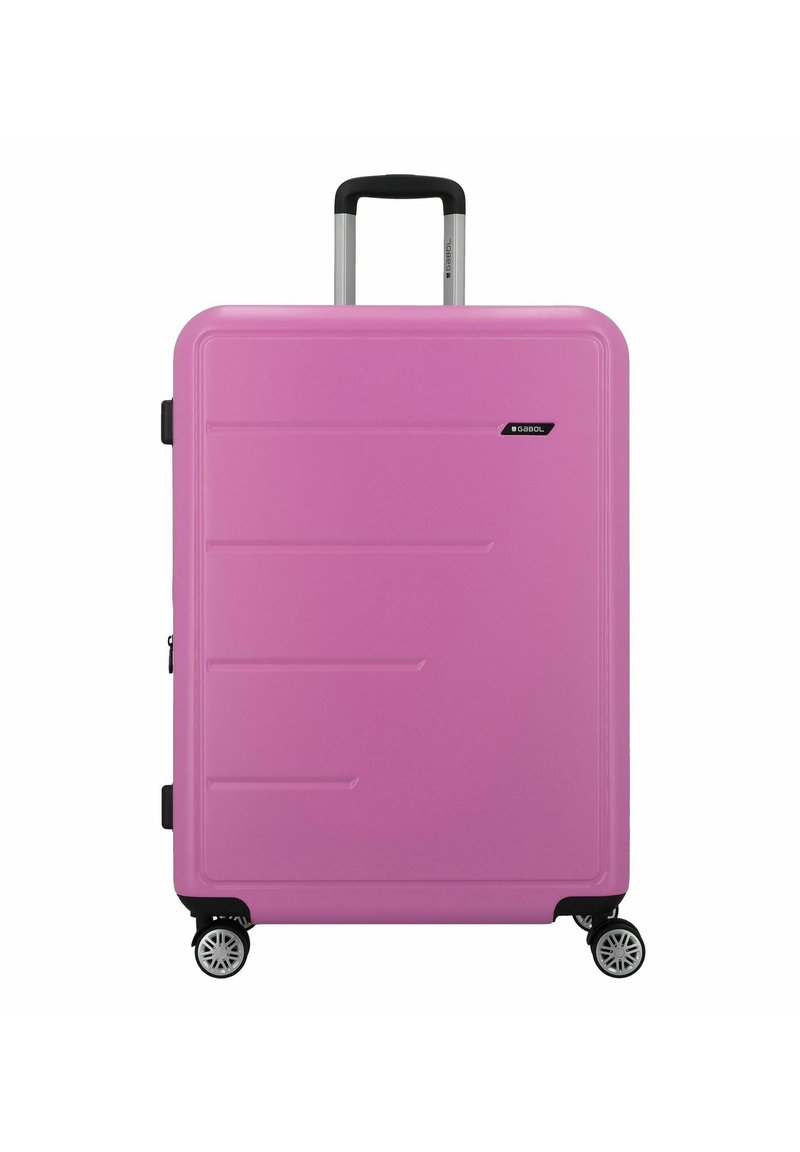 Harde koffer met een roze afwerking, voorzien van een verticale ribbelontwerp, ergonomisch handvat en vier draaibare wielen voor gemakkelijke mobiliteit.
