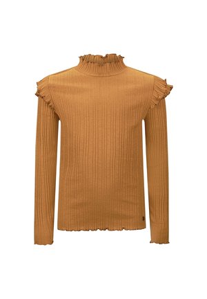 Prążkowany top z długim rękawem i golfem w kolorze musztardowej żółci, z falbankami na ramionach i falującym dołem. Gładka faktura.