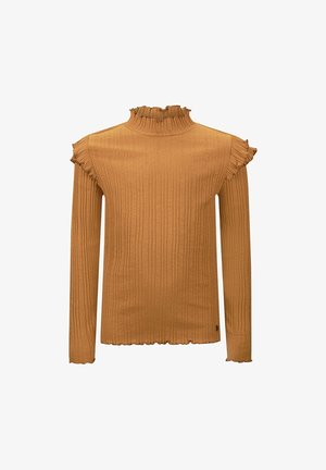 Geripptes Langarm-Top mit Stehkragen in Senfgelb, mit Rüschendetails an den Schultern und welligem Saum. Glatte Textur.