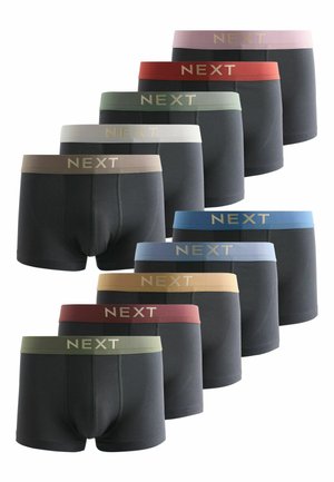 Satz von zehn schwarzen Herren-Boxershorts mit elastischem Bund in verschiedenen Farben, jeweils mit der Markenaufschrift "NEXT" auf der Vorderseite.