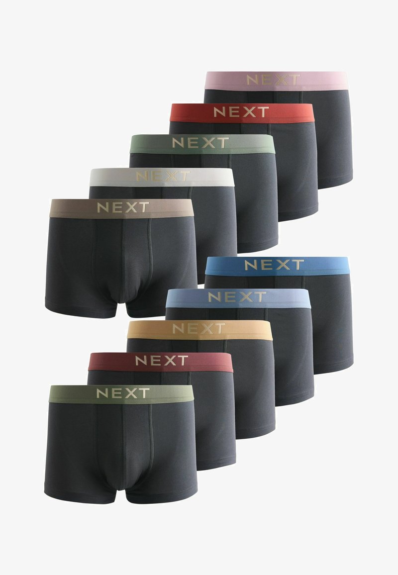 Ensemble de dix boxers noirs pour hommes avec ceintures élastiques de différentes couleurs, chacun marqué du logo "NEXT" à l'avant.