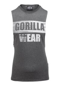 Mouwloze grijze tanktop van katoen. Heeft grote witte tekst "GORILLA WEAR" met horizontale streepjespatronen over de borst.