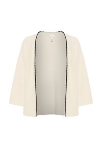 Öppen cardigan i krämfärgad med en texturerad stickning. Har svarta vågigakanter längs kanterna och breda 3/4-ärmar.
