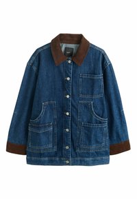 Jeansjacke mit braunem Cordkragen und -manschetten, vordere Knopfleiste und vier aufgesetzten Taschen auf weißem Hintergrund.