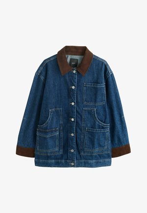 Teksariidest jakk pruunide sametkraede ja mansettidega, ees nupuga kinnitatav ning neli taskut valgel taustal.