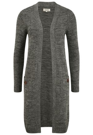 Cardigan long, ouvert à l'avant, fabriqué en tissu tricoté texturé gris, avec deux poches avant dotées de boutons marron. Manches et ourlet côtelés.