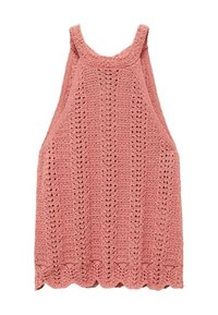 Stickad linne i mjuk rosa, med rundad halsringning, breda ärmhål och en vågig nederkant med en öppen, spetssliknande textur.