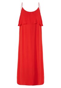 Robe rouge sans manches avec une couche à volants sur la poitrine, confectionnée dans un tissu léger avec une coupe décontractée, tombant mi-mollet.