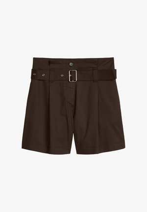 Dunkelbraune, hoch taillierte Shorts mit Knöpfen vorne, Reißverschluss, Gürtelschlaufen und passendem Stoffgürtel mit silberner quadratischer Schnalle.