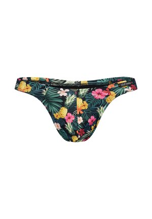 Herren-Bikini-Slip mit buntem tropischem Blumendruck und Ananasmuster auf dunklem Hintergrund sowie kleinem Markenlabel am Bund.