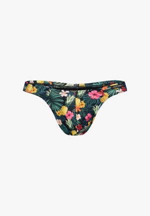 Herenbikini met kleurrijke tropische bloemen- en ananasprint op een donkere achtergrond en een klein merketiket op de tailleband.