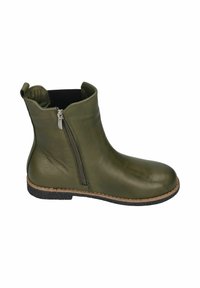 Green leather ankle boot with a side zipper, round toe, and textured black rubber sole. Features stitched detailing along the edge.
