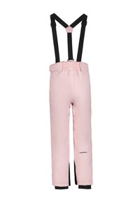 Rosa vandtætte snebukser med justerbare sorte seler og elastisk talje. Har sorte detaljer ved forneden og logo.