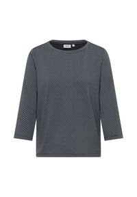 Svart och vit mönstrad långärmad topp med rund hals och något lös passform. Tyget verkar mjukt med en strukturerad nätdesign.