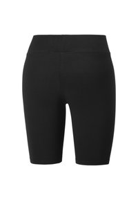 Czarne legginsy z gładkiego, elastycznego materiału, z wysokim stanem i długością do kolan. Nie mają widocznych wzorów ani dodatkowych elementów.