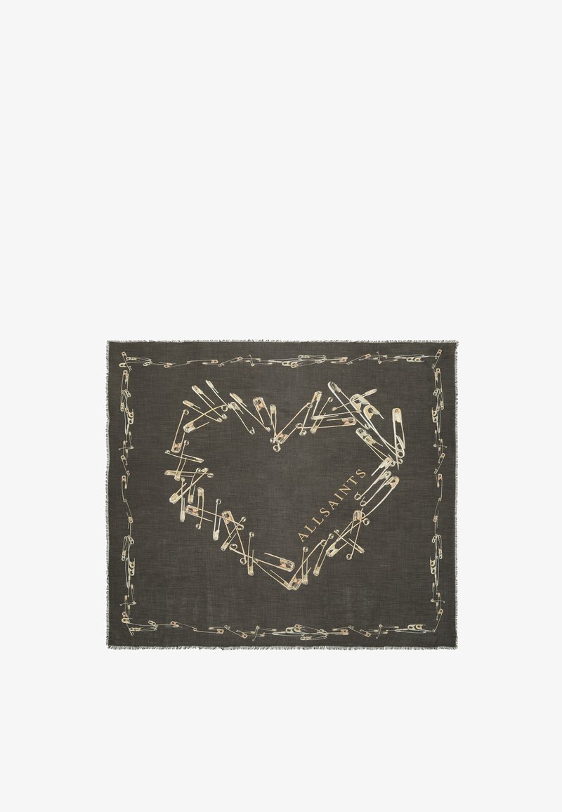 Tissu foncé avec des épingles de sûreté disposées en forme de cœur et une bordure, texte "ALLSAINTS" à l'intérieur du cœur sur le côté droit.