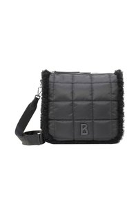 Schwarze, gesteppte Tasche mit einem pelzartigen schwarzen Fellbesatz, ausgestattet mit einem Reißverschluss und einem auffälligen, geprägten Buchstaben "B" auf der Vorderseite. Verstellbarer Trageriemen.