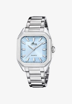 Strieborné kovové hodinky s náramkom, štvorcovým svetlomodrým ciferníkom, striebornými ručičkami a indexmi v tvare čiarok. Obsahujú logo značky a označenie quartz.