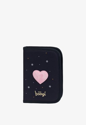 Navy blue zippered pencil case with a large pink heart patch, small stars, and "baagl" logo embroidered on the front.