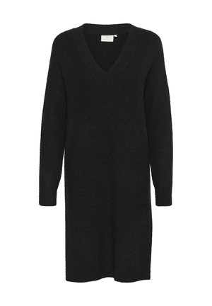 Black knitted sweater dress with a v-neckline and long sleeves. Features ribbed cuffs and a relaxed fit, made from soft, textured fabric.