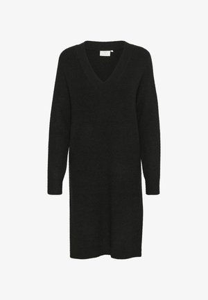 Robe pull noire en tricot avec un décolleté en V et des manches longues. Elle présente des poignets côtelés et une coupe décontractée, fabriquée à partir d'un tissu doux et texturé.