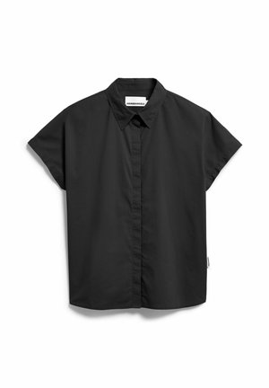 Black short-sleeve collared shirt with concealed button placket, relaxed fit, and "ARMEDANGELS" label inside the neckline.
