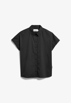Black short-sleeve collared shirt with concealed button placket, relaxed fit, and "ARMEDANGELS" label inside the neckline.