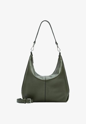Borsa a tracolla in pelle verde oliva con tracolla removibile, accessori in argento e dettagli di cucitura verticale sottili.