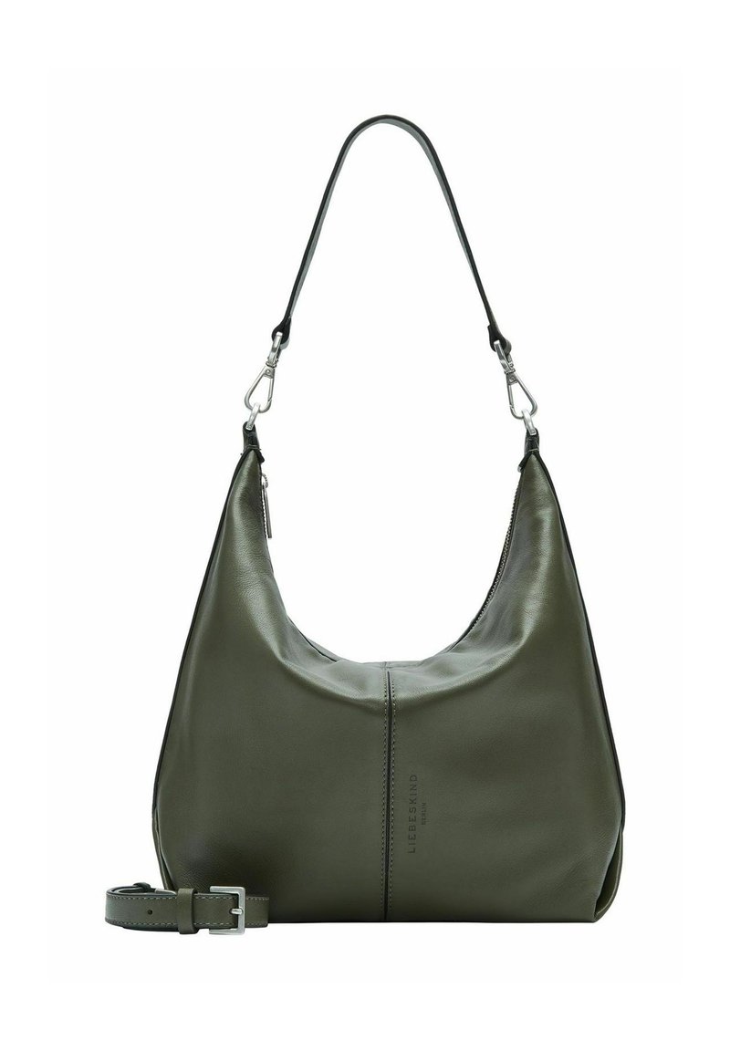 Sac à épaule en cuir vert olive avec une bandoulière amovible, quincaillerie argentée et un subtil détail de couture verticale.