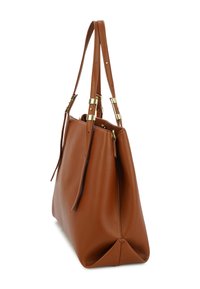 Brązowa skórzana torba tote z dwoma długimi uchwytami, złotymi akcentami i przestronnym wnętrzem. Gładka faktura z subtelnymi detalami przeszycia.