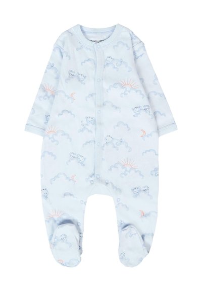 Tutina blu per bambini realizzata in morbido tessuto, con maniche lunghe, chiusura a scatto e un motivo fantasioso di nuvole e animali in arancione e blu.