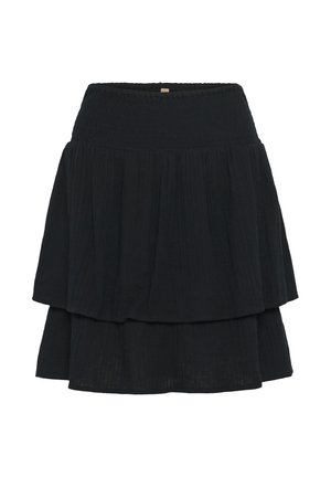 Černá krátká sukně s volány, volánky s nařaseným pasem a lehkou texturovanou látkou, s dvěma vrstvenými volánky.